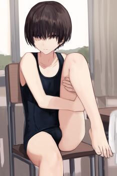 1boy armpit_crease bare_legs bare_shoulders barefoot black_eyes black_hair black_one-piece_swimsuit bulge chair classroom closed_mouth collarbone commentary_request covered_navel crossdressing crossdressing_(mtf) curtains desk foot_out_of_frame geki_(sunaba_(nczd5875)) hair_between_eyes hair_over_eyes highres holding_own_leg_back indoors knee_up looking_down looking_to_the_side male_focus old_school_swimsuit on_chair one-piece_swimsuit original partial_commentary school_chair school_desk school_swimsuit short_hair sitting sky solo sunaba_(nczd5875) swimsuit table thighs toes trap window