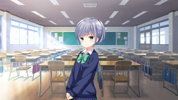 Rule 34 | 1girl, :o, blue eyes, blue sweater, bow, breasts, classroom, closed mouth, day, desk, girlfriend (kari), green skirt, grey hair, indoors, medium hair, official art, plaid clothes, plaid skirt, pleated skirt, ponytail, qp:flapper, school, school desk, school uniform, shirt, shoes, skirt, small breasts, socks, solo, standing, sweater, tagme, thighhighs, tsukiguma rinko, white shirt, window