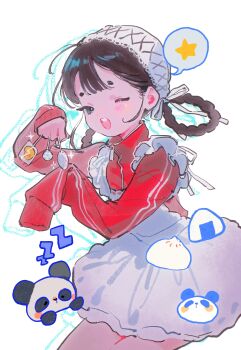 1girl absurdres apron blue_eyes braid brown_hair candy center-flap_bangs commentary_request food frilled_apron frills hair_rings hairband hidari_(nanmu-left) highres holding holding_candy holding_food holding_lollipop jacket lollipop long_hair looking_at_viewer one_eye_closed onigiri open_mouth original panda paw_pose petite red_jacket short_eyebrows sidelocks skirt sleeves_past_fingers sleeves_past_wrists smile solo spoken_star star_(symbol) steamed_bun swirl_lollipop track_jacket twin_braids white_background zzz