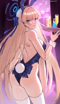 1girl ass backless_leotard bare_back bare_shoulders blonde_hair blue_archive blue_eyes blue_hair blue_halo blue_leotard blunt_bangs blush braid commentary_request cup deras detached_collar drinking_glass earpiece half_up_braid halo highleg highleg_leotard highres holding holding_tray leotard long_hair looking_at_viewer looking_to_the_side multicolored_hair parted_lips playboy_bunny skindentation solo streaked_hair thighhighs thighs toki_(blue_archive) toki_(bunny)_(blue_archive) tray very_long_hair white_thighhighs wine_glass wrist_cuffs