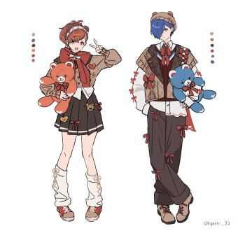 Rule 34 | 1boy, 1girl, :d, animal ear hairband, animal ear headwear, animal ears, animal hat, beanie, bear ear hairband, bear ears, bear hat, black skirt, blue eyes, blue hair, bow, brown cardigan, brown hair, brown hat, cardigan, collared shirt, color guide, commentary, dot nose, fake animal ears, full body, hair over one eye, hairband, hand in pocket, hand up, hat, heart, hgsym 23, highres, holding, holding stuffed toy, jack frost (megami tensei), leg warmers, looking at viewer, open mouth, persona, persona 3, persona 3 portable, pleated skirt, red eyes, scarf, scarf bow, shiomi kotone, shirt, signature, skirt, sleeve bow, sleeves past wrists, smile, standing, stuffed animal, stuffed toy, teddy bear, untranslatable commentary, v, white leg warmers, yuuki makoto (persona 3)