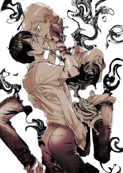 2boys body_horror collared_shirt commentary_request cowboy_shot eye_contact from_side greyscale highres hikaru_ga_shinda_natsu holding_detached_head indou_hikaru looking_at_another male_focus mole mole_on_arm mole_under_eye monochrome multiple_boys multiple_moles neji_vuldarak pants pocket scar scar_on_arm scar_on_hand shirt short_eyebrows short_hair short_sleeves simple_background slit_pupils tsujinaka_yoshiki white_background yaoi