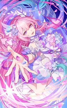 1girl absurdres aqua_hair blue_flower bouquet commentary_request cyrene_(honkai:_star_rail) cyrene_(ripples_of_past_reverie)_(honkai:_star_rail) dress flower gradient_hair hair_flower hair_ornament highres holding holding_bouquet honkai:_star_rail honkai_(series) jewelry long_hair looking_at_viewer multicolored_hair open_mouth pink_flower pink_hair purple_eyes ring shibuki_kamone shoes smile solo standing standing_on_one_leg very_long_hair wedding_ring white_dress