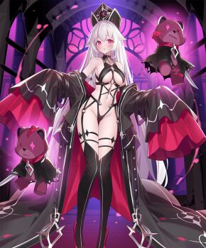 1girl :o artist_request bare_shoulders black_cloak black_collar black_garter_belt black_garter_straps black_gloves black_hat black_robe black_thighhighs blush breasts check_artist cloak clothing_cutout collar elbow_gloves evertale floating floating_object full_body garter_belt garter_straps gloves groin hair_between_eyes hat high_heels indoors knife linea_alba long_hair looking_at_viewer medium_breasts navel open_clothes open_mouth open_robe oversized_clothes parted_lips pink_collar pink_eyes popqn purple_sky red_eyes red_rope red_shoes revealing_clothes robe robe_slip rolotia_(evertale) rope shoes single_vertical_stripe skindentation sky sleeves_past_fingers sleeves_past_wrists slit_pupils solo standing striped_clothes striped_thighhighs stuffed_animal stuffed_toy teddy_bear thigh_gap thighhighs torn_cloak torn_clothes two-tone_robe underboob underboob_cutout underbust vertical-striped_clothes vertical-striped_thighhighs very_long_hair white_hair