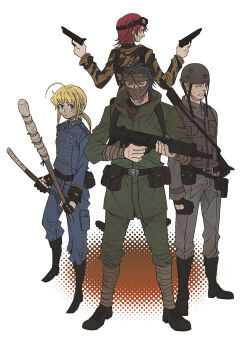 2boys 2girls ahoge artoria_pendragon_(fate) black_hair blonde_hair buttons diarmuid_ua_duibhne_(fate) diarmuid_ua_duibhne_(lancer)_(fate) double-breasted fate/zero fate_(series) goggles goggles_on_forehead goggles_on_head green_eyes gun half_mask helmet kayneth_archibald_el-melloi long_hair mask military military_combat_uniform military_uniform mouth_mask multiple_boys multiple_girls pin_karo red_hair saber_(fate) short_hair sidelocks sola-ui_nuada-re_sophia-ri weapon