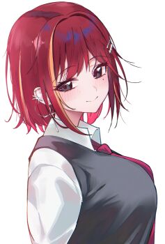 Rule 34 | 1girl, absurdres, akane lize, breasts, choppy bangs, closed mouth, collared shirt, commentary, cross, cross earrings, dated commentary, ear chain, earrings, from side, grey eyes, grey sweater vest, highres, jewelry, large breasts, linked piercing, looking at viewer, looking to the side, mole, mole under eye, multicolored hair, necktie, piercing, red eyes, red necktie, red pupils, shirt, short hair, simple background, slit pupils, smile, solo, split mouth, stellive, streaked hair, sweater vest, turning head, upper body, variant set, virtual youtuber, white background, white shirt, wing collar, yeomhwauranyum