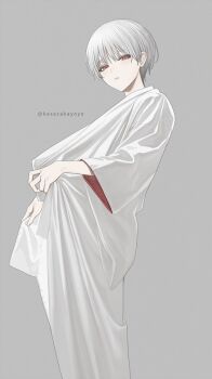 1boy albino alternate_costume bishounen chinikuniku empty_eyes expressionless grey_background hashtag-only_commentary japanese_clothes kimono light_blush long_sleeves looking_at_viewer male_focus official_artist_extra pale_skin parted_lips pulling_own_clothes red_eyes short_hair solo tenshi-sama tenshi_tsuki twitter_username white_hair white_kimono wide_sleeves yukata