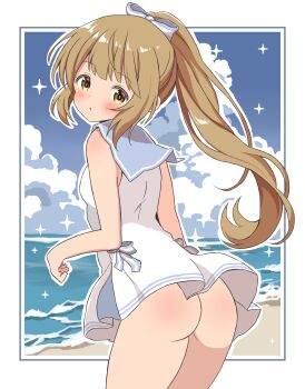 1girl absurdres ass beach blonde_hair blue_sailor_collar blue_sky blunt_bangs blush border breasts cloud cloudy_sky commentary_request cowboy_shot dress exhibitionism from_side highres idolmaster idolmaster_cinderella_girls long_hair looking_at_viewer no_panties ocean ohana._(komachi) outdoors outline outside_border ponytail public_indecency sailor_collar sailor_dress sidelocks sky sleeveless sleeveless_dress small_breasts solo sparkle thighs turning_head white_border white_dress white_outline yellow_eyes yorita_yoshino