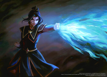 1girl armor avatar:_the_last_airbender avatar_legends azula black_hair black_robe blue_fire breastplate cateille commentary english_commentary fire hair_bun highres magic:_the_gathering official_art pyrokinesis red_lips robe single_hair_bun smile solo