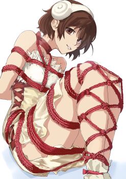 1girl arms_behind_back bare_shoulders bdsm bondage bound bound_arms bound_legs breast_bondage brown_eyes brown_hair commentary dr._stone dress highres knees_up legs_together looking_at_viewer ogawa_yuzuriha parted_lips pl0mb82 red_rope restrained ribbon rope shibari shibari_over_clothes short_hair simple_background smile socks solo symbol-only_commentary white_background
