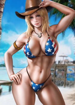 >:) 1girl american_flag american_flag_bikini american_flag_print arm_up armlet armpits artist_name bare_arms bare_shoulders beach bikini blonde_hair blue_eyes blurry blurry_background breasts brown_hat cleavage closed_mouth collarbone commentary contrapposto cowboy_hat dandon_fuga day dead_or_alive depth_of_field english_commentary female_focus flag_print flag_print_bikini hand_on_headwear hand_on_own_hip hat highleg highleg_bikini highres jewelry large_breasts long_hair navel necklace ocean outdoors palm_tree pink_lips print_bikini smile solo standing star_(symbol) star_print stomach swimsuit thighs thong_bikini tina_armstrong toned toned_female tree