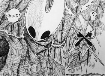 1girl 1other ? absurdres arthropod_girl chronozbergh cloak commentary dual_wielding english_commentary english_text greyscale highres holding hollow_eyes hollow_knight horned_mask hornet_(hollow_knight) looking_at_viewer mask monochrome robot second_sentinel_(hollow_knight) spoken_question_mark traditional_media weapon