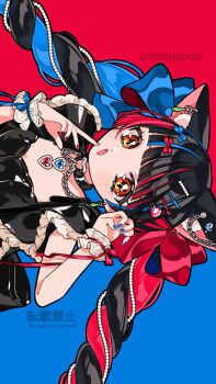 1girl alternate_costume amaharu_wasure animal_ear_fluff black_choker black_hair blue_gem blue_hair blue_nails blue_ribbon braid braided_twintails breasts cat_girl chain choker cleavage_cutout clothing_cutout fang frilled_sleeves frills gem hair_ornament hair_ribbon hairclip harusaruhi heart heart_choker highres kamitsubaki_studio kemonomimi_mode light_blush multicolored_hair multiple_hairclips nail_polish official_art orange_eyes paw_hair_ornament pearl_(gemstone) red_gem red_hair red_nails red_ribbon ribbon sleeveless small_breasts streaked_hair twintails wrist_cuffs