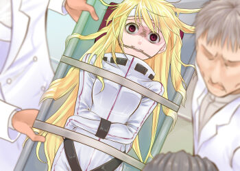 1girl bandages bdsm blonde_hair bondage bound crazy crazy_eyes doctor empty_eyes faceless faceless_male from_above gag hisaba_iori long_hair lying on_back purple_eyes red_eyes restrained smile straitjacket strapped_down stretcher yandere