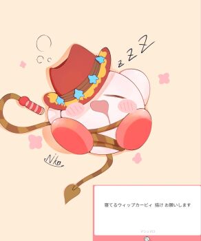 Rule 34 | 1boy, blush stickers, closed eyes, copy ability, cowboy hat, drooling, hat, highres, kirby, kirby (series), lying, marshmallow (site), mouth drool, nintendo, on back, one eye closed, one eye covered, open mouth, orange background, request inset, shadow, signature, sleeping, solo, squeans, tk3422601741077, whip kirby, zzz