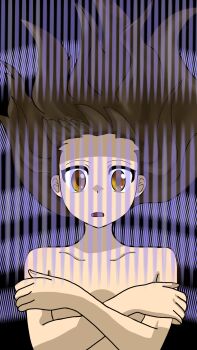 1girl armpit_crease breasts brown_eyes brown_hair collarbone completely_nude covering_breasts covering_privates crossed_arms curled_fingers digimon digimon_frontier energy eyelashes f20000 facing_viewer female_focus fingernails floating_hair henshin highres long_hair looking_at_viewer matching_hair/eyes neck nude open_mouth original out-of-frame_censoring sidelocks small_breasts spirit_evolution surprised topless_frame upper_body wavy_hair