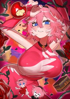 @_@ absurdres apple arms_up bare_shoulders blue_eyes breasts commentary dress english_commentary feathered_wings flower food fruit gloves hair_between_eyes head_wings headband highres hololive large_breasts light_blush looking_at_viewer nail_polish necktie open_mouth partially_fingerless_gloves puppet red_dress red_nails rose short_hair sleeveless sleeveless_dress takane_lui teeth virtual_youtuber wings yuuppi