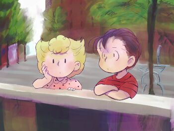 1boy 1girl arm_support black_hair blonde_hair commentary_request dress expressionless linus_van_pelt outdoors peanuts_(comic) pink_dress polka_dot polka_dot_dress red_shirt sally_brown shirt short_hair striped_clothes striped_shirt thevigil tree