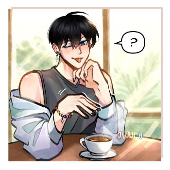 1boy ;p ? ahoge areuwuu bead_bracelet beads black_eyes black_nails black_shirt blue_eyes border bracelet coat coat_partially_removed coffee_mug crossdressing crossdressing_(mtf) cup head_tilt highres indoors jewelry kim_dokja light_rays looking_at_viewer male_focus mug omniscient_reader&#039;s_viewpoint one_eye_closed shirt solo spoken_question_mark tank_top tongue tongue_out upper_body white_border white_coat