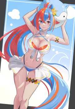 Rule 34 | 1girl, absurdres, armlet, armpits, arms up, ball, bare arms, bare shoulders, beachball, bikini, blue bikini, blue eyes, blue hair, blush, breasts, character ball, cleavage, closed mouth, commentary request, criss-cross halter, crossed bangs, female alear (fire emblem), female alear (seaside dragon) (fire emblem), fire emblem, fire emblem engage, fire emblem heroes, flower, gold armlet, gold thighlet, hair flower, hair ornament, halterneck, heterochromia, highres, holding, holding ball, holding beachball, jewelry, large breasts, long hair, multicolored bikini, multicolored hair, multicolored swimsuit, navel, nintendo, official alternate costume, official alternate hairstyle, ponytail, red bikini, red eyes, red hair, showgirl skirt, smile, solo, sommie (fire emblem), split-color hair, stomach, swimsuit, tarutaru193, thighlet, thighs, two-tone hair, very long hair, white bikini