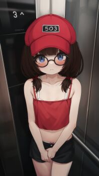 1girl absurdres bare_arms bare_shoulders baseball_cap black-framed_eyewear black_shorts blue_eyes blush bow bow_panties bra bra_pull brown_hair camisole closed_mouth clothes_pull collarbone comodox cowboy_shot elevator glasses hat highres huge_filesize indoors large_variant_set long_hair looking_at_viewer low_twintails midriff navel original panties panty_peek peaked_cap red_camisole red_hat sheryn_(comodox) short_shorts shorts solo spaghetti_strap standing twintails underwear variant_set white_bra white_panties