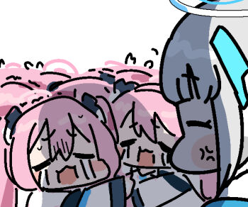 angry blue_archive blue_archive_2025_hack clone closed_eyes crying false_smile halo headgear jazz_jack koyuki_(blue_archive) pink_hair shaded_face smile twintails white_background white_halo yuuka_(blue_archive)