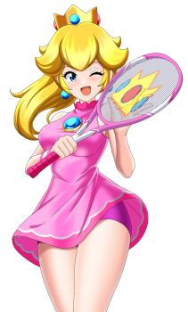 1girl ;d absurdres bare_shoulders bike_shorts blonde_hair blue_eyes breasts chinese_text crown dress earrings highres holding holding_tennis_racket irohazakayouth jewelry large_breasts looking_at_viewer mario_(series) mario_tennis mario_tennis_fever nintendo one_eye_closed open_mouth pink_bike_shorts pink_dress ponytail princess_peach princess_peach_(sports_dress) racket short_dress simplified_chinese_text sleeveless smile solo sphere_earrings tennis_racket white_background