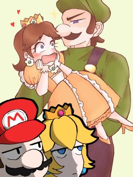 Rule 34 | 2boys, 2girls, annoyed, blonde hair, blue eyes, blush, brothers, brown hair, carrying, crown, dress, earrings, facial hair, flower earrings, gloves, hat, heart, high heels, highres, jewelry, luigi, mario, mario (series), multiple boys, multiple girls, muscle growth, muscular, mustache, nintendo, open mouth, orange dress, overalls, princess carry, princess daisy, princess peach, puffy short sleeves, puffy sleeves, short sleeves, siblings, spoken heart, super mario bros. 1, super smash bros., surprised, tomboy