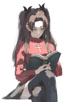1girl absurdres aqua_eyes black_bow black_hair black_skirt black_thighhighs book bow commentary eien_001 english_commentary fate/stay_night fate_(series) hair_bow highres holding holding_book long_hair reading red_sweater simple_background skirt solo sweater thighhighs thighs tohsaka_rin two_side_up white_background zettai_ryouiki