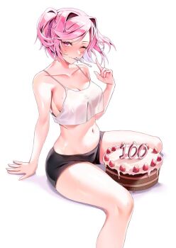 1girl arm_support bare_shoulders bike_shorts black_shorts blush breasts cake camisole collarbone commentary crop_top doki_doki_literature_club english_commentary food hair_intakes highres looking_at_viewer machulanko medium_breasts milestone_celebration natsuki_(doki_doki_literature_club) navel nose_blush one_eye_closed pink_hair see-through_silhouette short_hair shorts simple_background sitting solo stomach strawberry_cake two_side_up utensil_in_mouth white_background white_camisole
