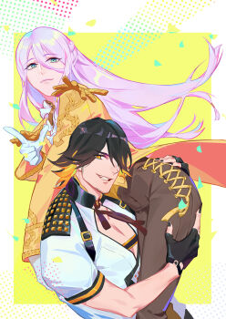 2boys androgynous black_gloves black_hair black_nails border braid carrying carrying_person coat facial_hair fingerless_gloves gloves grin hachisuka_kotetsu hair_between_eyes hair_over_one_eye hand_on_another&#039;s_ass jacket long_hair male_focus multiple_boys nagasone_kotetsu ncww_rinichi pectorals pink_hair sideburns_stubble smile sparse_stubble stubble touken_ranbu very_long_hair white_border white_gloves white_jacket yaoi yellow_coat yellow_eyes