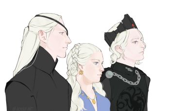 1girl 2boys a_song_of_ice_and_fire aegon_ii_targaryen aemond_targaryen alysius_art black_coat black_crown blue_dress blue_eyes braid brother_and_sister brothers chain coat collar crown crown_braid dragon dragon_print dress earrings expressionless eyepatch facing_to_the_side gem gold_earrings gold_necklace helaena_targaryen high_collar highres hoop_earrings house_of_the_dragon jewelry long_hair looking_to_the_side medium_hair multiple_boys multiple_earrings necklace purple_eyes red_gemstone siblings sigil white_hair