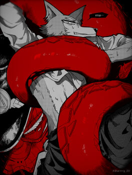 artist_name artist_request bad_id bad_pixiv_id beastars bound clenched_teeth clothes_lift english_text furry furry_female furry_male highres legoshi long_sleeves looking_at_viewer looking_to_the_side monochrome navel nervous_sweating pants partially_colored restrained rokume_(beastars) scared snake snake_girl speech_bubble strangling sweat teeth twitter_username veins veiny_arms wolf wolf_boy