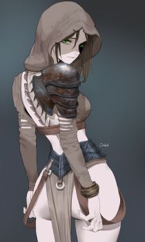 Rule 34 | 1girl, absurdres, artist name, ass, breasts, brown hair, closed mouth, cowboy shot, from behind, gradient background, green eyes, highres, hood, hood up, large breasts, ori dal, original, short hair, shoulder plates, solo