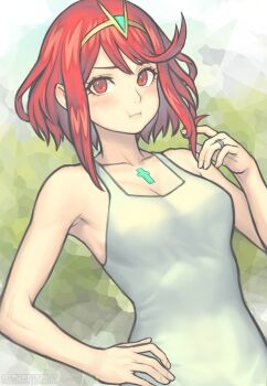 1girl bare_shoulders blurry blurry_background blush breasts chest_jewel cleavage core_crystal_(xenoblade) gofelem medium_breasts pout pyra_(xenoblade) red_eyes red_hair shirt short_hair solo tiara upper_body white_shirt xenoblade_chronicles_(series) xenoblade_chronicles_2