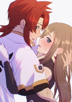 Rule 34 | 1boy, 1girl, @ @, bare shoulders, blue dress, blue eyes, blush, brown hair, brown sleeves, caught, commentary request, couple, detached sleeves, dress, embarrassed, from side, gloves, green eyes, hair behind ear, hand on another's back, hand on another's head, hetero, hug, jacket, komegura, long hair, looking at viewer, luke fon fabre, nervous sweating, open mouth, profile, red hair, short hair, short sleeves, sidelocks, simple background, sweat, tales of (series), tales of the abyss, tear grants, upper body, white gloves, white jacket