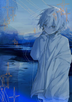 Rule 34 | 1boy, :/, absurdres, blue background, blue eyes, blue theme, closed mouth, commentary, cowboy shot, cross, cross earrings, drawstring, earrings, hair between eyes, hand on own cheek, hand on own face, highres, hood, hood down, jacket, jewelry, long sleeves, male focus, ocean, open clothes, open jacket, original, outdoors, shirt, short hair, single sleeve past fingers, sky, solo, sparkle, star (sky), symbol-only commentary, white hair, white jacket, white shirt, yuruku