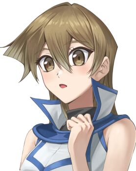 1girl :o brown_eyes brown_hair commentary_request double-parted_bangs duel_academy_uniform_(yu-gi-oh!_gx) hair_between_eyes hand_up high_collar light_blush long_hair looking_at_viewer open_mouth rourou_ill shirt simple_background sleeveless sleeveless_shirt solo tenjouin_asuka upper_body white_background white_shirt yu-gi-oh! yu-gi-oh!_gx