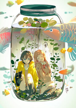 Rule 34 | 2girls, air bubble, black socks, blue eyes, bow, bowtie, brown hair, brown sweater, bubble, choppy bangs, closed eyes, closed mouth, coat, collared shirt, commentary request, fish, full body, glass jar, grey skirt, happy, highres, in container, in jar, jar, knees up, long hair, looking to the side, mia arai000oj, multiple girls, no shoes, open clothes, open coat, open mouth, original, plant, pleated skirt, raincoat, red bow, red bowtie, scenery, school uniform, shirt, short hair, sideways glance, simple background, sitting, skirt, smile, socks, submerged, surreal, sweater, v-neck, water, white background, white shirt, wing collar, yellow coat