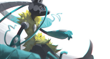 Rule 34 | absurdres, blue eyes, blurry, bright pupils, chromatic aberration, commentary, depth of field, from side, highres, mega lucario z, nintendo, pokemon, pokemon (creature), pokemon focus, sebu, solo, white background, white pupils, yellow fur