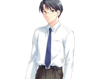 1boy belt black_hair brown_eyes game_cg kuroda_akimi mature_male necktie non-web_source official_art pants parted_bangs semi-rimless_eyewear shirt short_hair tsubaki_ryouji tsuma_shibori tsumamigui_(series) white_shirt