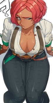 1girl ? absurdres arm_support artist_name belt blue_eyes breasts cleavage collared_shirt commentary commission curtained_hair dark-skinned_female dark_skin english_commentary giovanna_(guilty_gear) guilty_gear guilty_gear_strive highres large_breasts looking_to_the_side looking_up multiple_belts partially_unbuttoned rain red_hair shirt short_hair short_sleeves simple_background sitting smile solo suspenders white_background yablofap