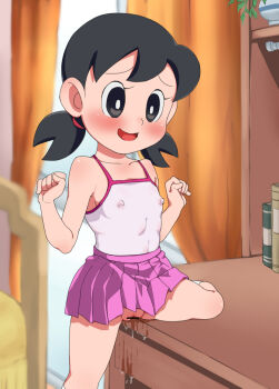 1girl bar_censor black_eyes black_hair blush censored covered_erect_nipples crotch_rub crying crying_with_eyes_open doraemon female_focus female_masturbation flat_chest loli masturbation matching_hair/eyes minamoto_shizuka no_panties pink_skirt pleated_skirt pussy pussy_juice rom_(20) shirt skirt solo source_request sweat table_humping tagme tank_top tears textless_version twintails white_shirt