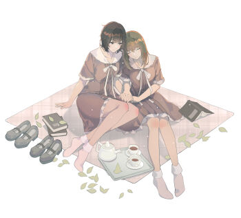 2girls ayako_(dfl) black_hair blanket blush book brown_dress brown_eyes brown_hair closed_eyes closed_mouth cup dress flowers_(innocent_grey) highres holding_hands leaf leaning_on_person long_hair medium_hair multiple_girls ribbon shoes short_hair short_sleeves simple_background sitting sleeping smile socks takasaki_chidori tea teacup teapot tray unworn_shoes white_background white_ribbon white_socks yaegaki_erika yuri