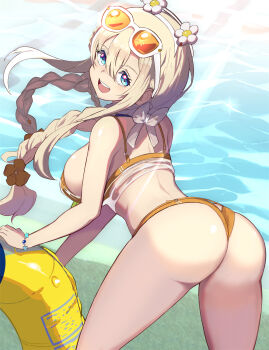 1girl alternate_costume ass ass_cutout ass_focus bare_shoulders bikini blonde_hair blue_eyes blush braid breasts clothing_cutout from_behind goddess_of_victory:_nikke highres innertube large_breasts leaning leaning_forward long_hair looking_at_viewer looking_back official_alternate_costume open_mouth sideboob smile solo swim_ring swimsuit syope tove_(nikke) tove_(sunblaze)_(nikke) twin_braids very_long_hair