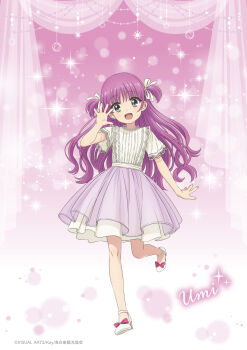 Rule 34 | 1girl, :d, bow, character name, copyright notice, dress, formal clothes, full body, grey eyes, hair ribbon, high heels, highres, katou umi, key (company), long hair, looking at viewer, no socks, official art inset, open mouth, pink background, pink bow, pink hair, pink skirt, promotional art, pumps, ribbon, shoes, short sleeves, skirt, smile, solo, sparkle, standing, standing on one leg, summer pockets, two side up, very long hair, waving, white dress, white ribbon, white shoes