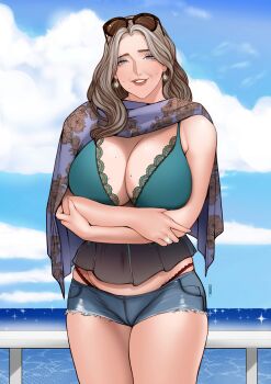 1girl absurdres bikini bikini_top_only black-framed_eyewear blue_eyes blue_sky breasts brown-tinted_eyewear character_request cleavage cloud commentary copyright_request crossed_arms cutoffs day denim denim_shorts dimple earrings english_commentary eyewear_on_head frilled_panties frills green_bikini grey_hair highleg highleg_bikini highres holding_own_arm huge_breasts jewelry jnsdh lace lace-trimmed_bikini lace_trim large_breasts legs_together lips looking_at_viewer mature_female mole mole_on_breast mole_under_mouth ocean ornate_ring panties parted_lips ring see-through_clothes shawl shorts sky smile solo standing sunglasses swimsuit thick_thighs thighs thong tinted_eyewear underwear wedding_ring