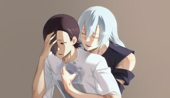 2boys absurdres black_shirt brown_background brown_eyes brown_hair closed_eyes eyebrows_hidden_by_hair flipped_hair forehead furrowed_brow hair_between_eyes hair_over_one_eye hand_on_another's_chest hand_on_another's_head highres hug hug_from_behind jujutsu_kaisen long_bangs long_hair looking_down lower_teeth_only mahito_(jujutsu_kaisen) male_focus multiple_boys one_eye_covered open_mouth print_shirt sad shirt short_hair short_sleeves sidelocks simple_background single_bare_arm single_bare_shoulder smile square stitched_arm stitched_face stitched_neck stitches straight_hair t-shirt teeth upper_body white_shirt yoshino_junpei