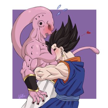 2boys between_pecs between_pectorals black_nails black_sclera blush colored_sclera colored_skin dragon_ball dragonball_z earrings flying_sweatdrops full-face_blush head_between_pecs heart highres jewelry large_pectorals majin_buu male_focus multiple_boys muscular muscular_male pectorals pink_skin potara_earrings red_eyes super_buu topless_male vegetto yaoi yeno78371161