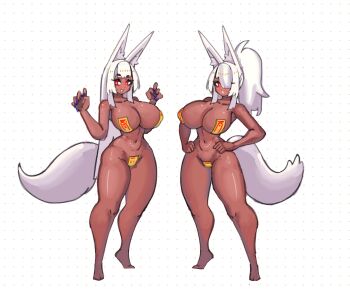 2girls animal_ear_fluff animal_ears blush breasts claw_pose cleavage commission dark-skinned_female dark_skin eyebrows_hidden_by_hair fox_ears fox_girl fox_tail full_body hair_between_eyes hair_over_one_eye hands_on_own_hips highres huge_breasts kinmou long_hair looking_at_viewer maebari multiple_girls nail_polish navel ofuda ofuda_on_nipples ofuda_on_pussy open_mouth original pasties ponytail red_eyes short_eyebrows siblings simple_background sisters smile stomach tail white_background white_hair